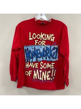 Boys Red Graphic Long Sleeve Tee "Looking For Homework?" Size Medium